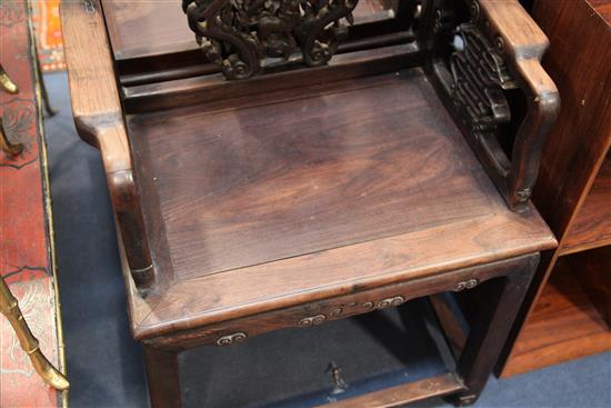 A pair of late 19th century Chinese hongmu armchairs, W.2ft 2in. D. 1ft 7in. H. 3ft 2in.